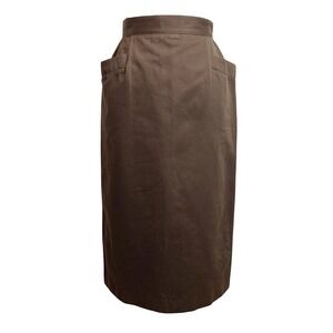 Vintage THALIA Cotton Twill Midi Pencil Skirt Womens Brown High Waisted Pockets